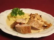 Risotto mit Weißwein-Sahnesoße und Schweinefilet mit Pfifferlingen - Rezept
