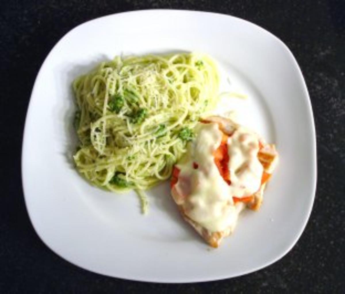 Putenschnitzel "Caprese" mit Petersilienpesto-Spaghetti - Rezept