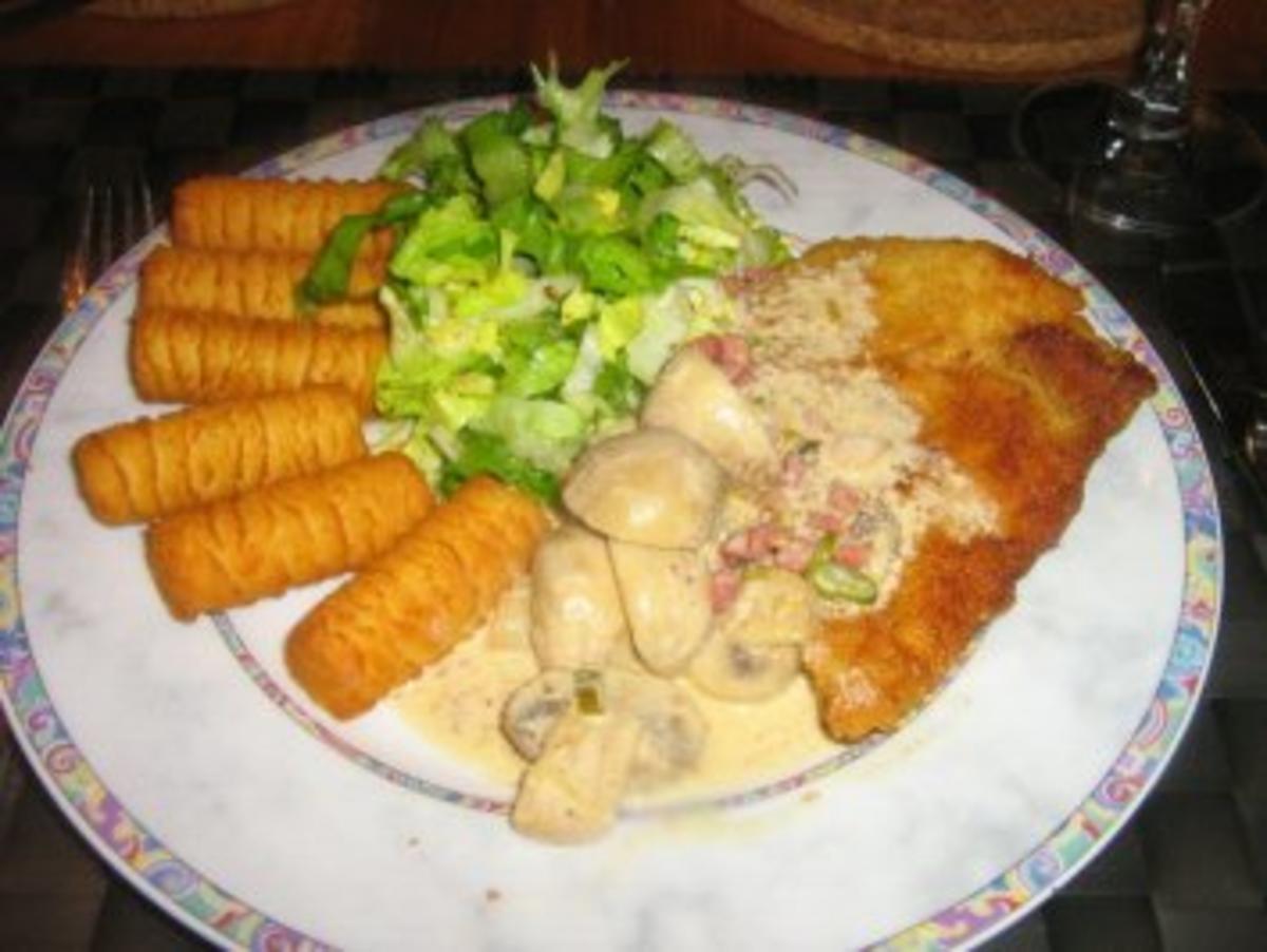 Schnitzel mit Champignon-Rahmsoße und Kroketten - Rezept - Bild Nr. 6