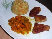 Geflügel: Chicken Nuggets an Kartoffelpüree und karamellisierten Möhren. - Rezept