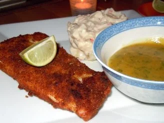 Paniertes Kabeljaufilet mit Honig-Senf-Dill-Dip - Rezept