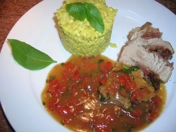 Rezept: Fächerbraten mit Parmaschinken und Tomaten an Safranrisotto Bild Nr. 5 Fächerbraten mit Parmaschinken und Tomaten an Safranrisotto - Rezept - Bild Nr. 5
