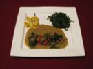 Schweinefilet auf Pesto-Rahmsoße, Knoblauchspinat und Risoléekartoffeln - Rezept