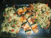 Sommergemüse mit Nudeln aus dem Wok und Pouletspiesse mit Zuccetti und Kürbis - Rezept