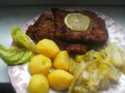 Kalbschnitzel  Porreegemüse Salzkartoffeln und grünen Salat - Rezept