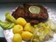 Kalbschnitzel  Porreegemüse Salzkartoffeln und grünen Salat - Rezept