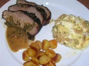 Kalbstafelspitz,  gebraten, mit lauwarmer Espresso-Vinaigrette an Champignongratin - Rezept