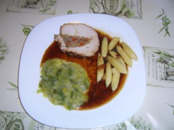 Gefüllte Putenrolle an Malzbiersauce mit Lauchgemüse und Schupfnudeln ...