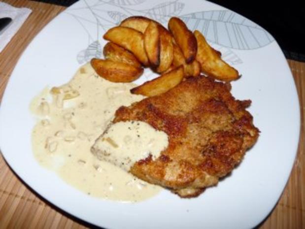 Putenschnitzel mit Senf-Sahne Soße und Kartoffelecken - Rezept - kochbar.de