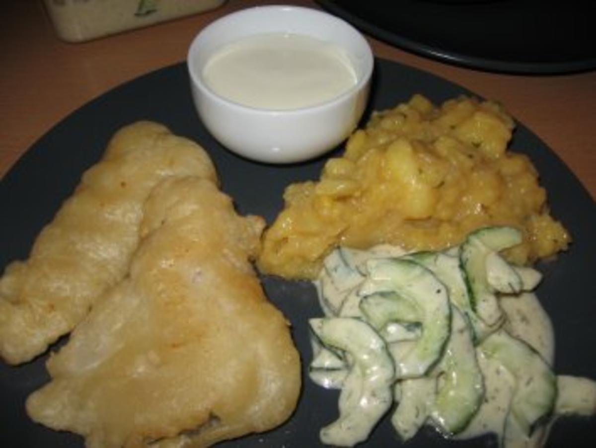 Backfisch mit Kartoffelsalat, Gurkensalat und Aioli - Rezept