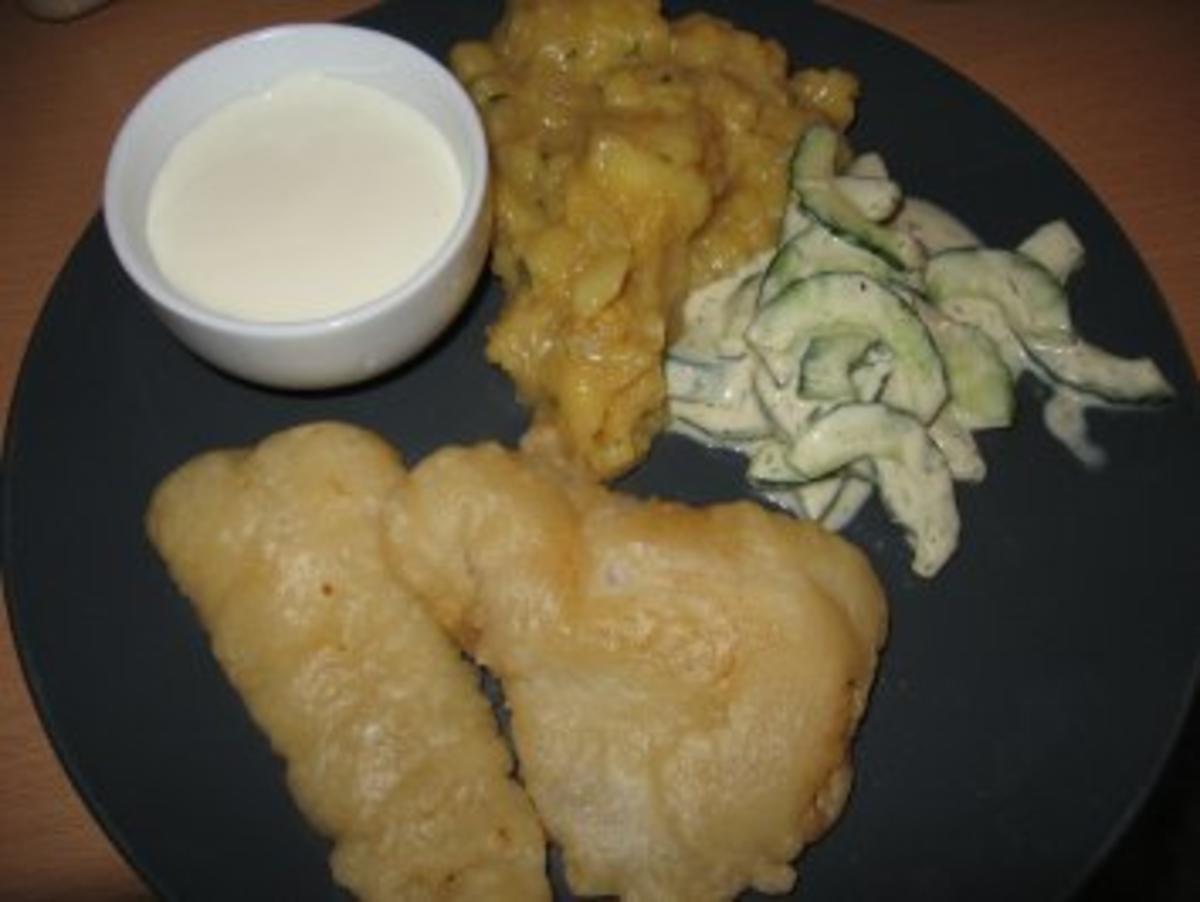 Backfisch mit Kartoffelsalat, Gurkensalat und Aioli - Rezept - Bild Nr. 3
