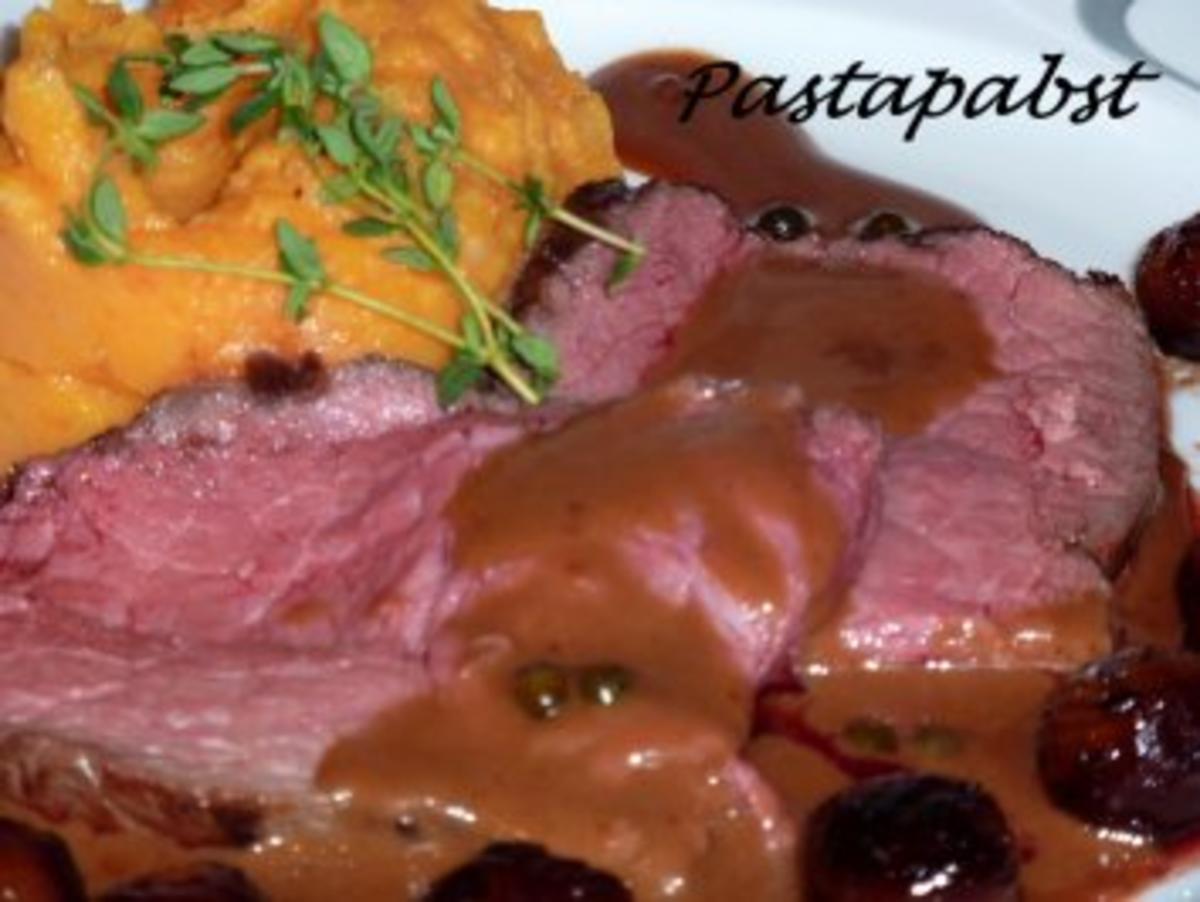 Bilder für Roastbeef mit Kaffeeschalotten und Süsskartoffelbrei - Rezept