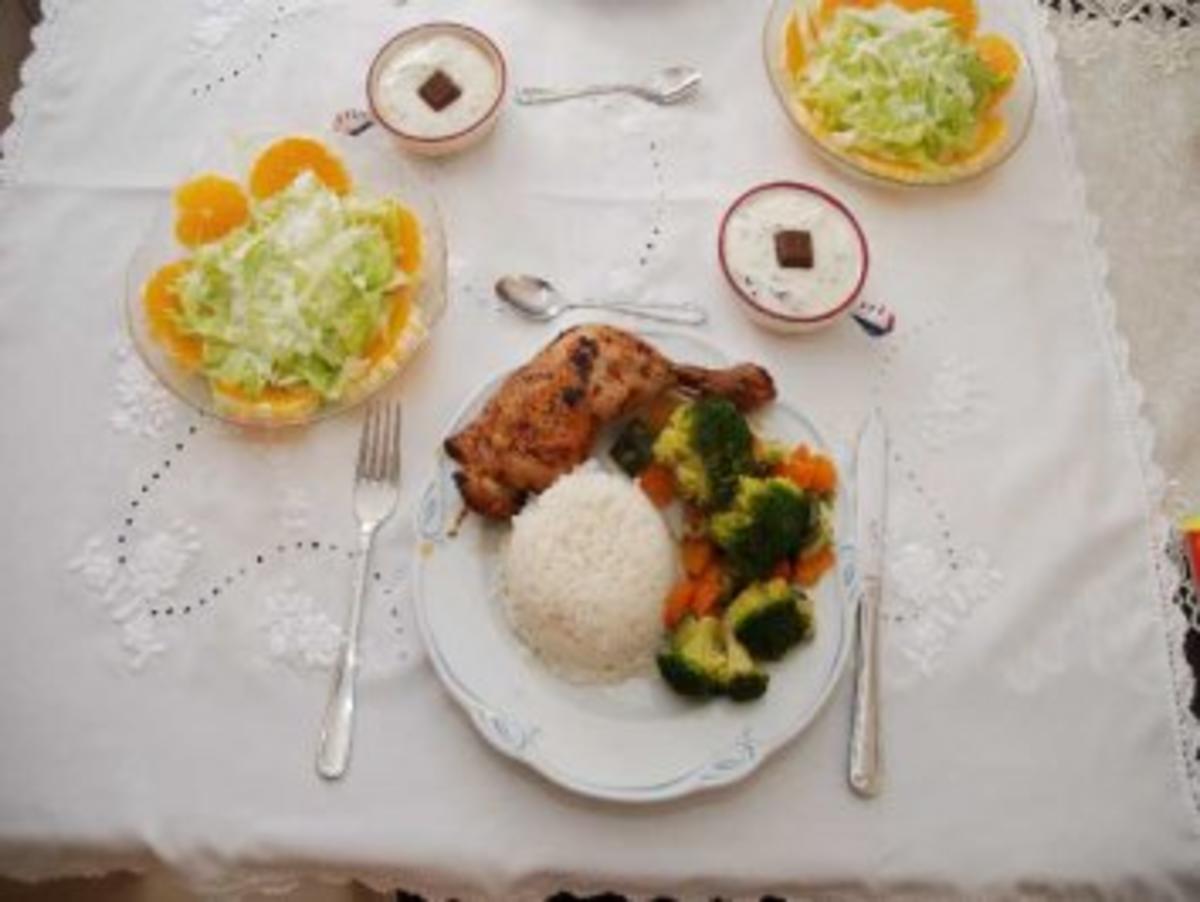 Geflügel : Gebratene Hähnchenschenkel mit gedünstetem Gemüse und Reis - Rezept - Bild Nr. 2