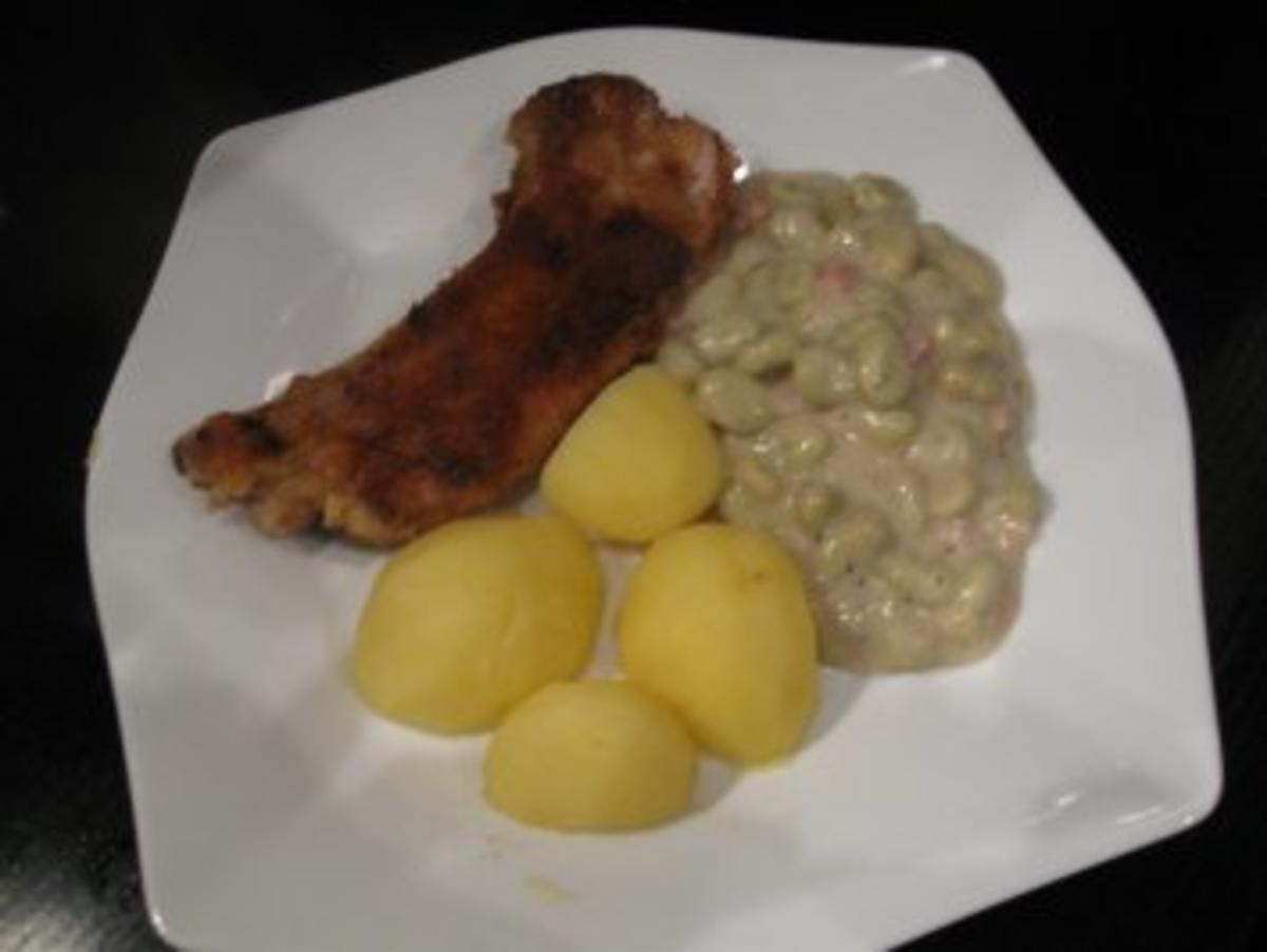 Dicke Rippe paniert , dazu Salzkartoffeln und Bohnen mit Speck in Bechamelsauce - Rezept - Bild Nr. 3