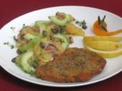 Rezept: Filet von der Kalbsnuss in Panade an einem Bett von Kartoffel-Gurken-Salat Filet von der Kalbsnuss in Panade an einem Bett von Kartoffel-Gurken-Salat - Rezept