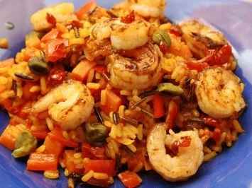 Spanische Reispfanne mit Garnelen und Kapern - Rezept