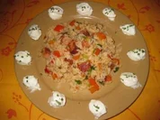 Buntes scharfes Reispfännchen mit kleinen Quarknockeln - Rezept