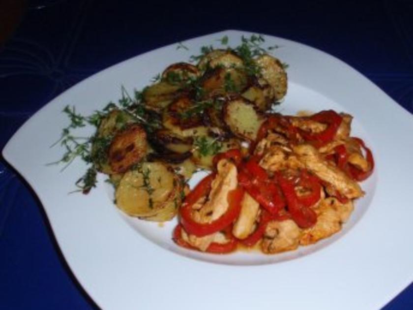 Hähnchenbruststreifen mit Paprikagemüse und Bratkartoffeln - schnell ...