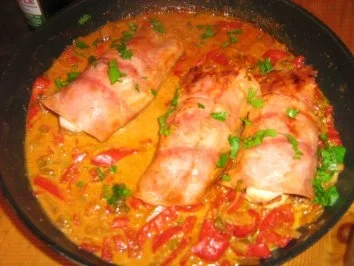 Hähnchenbrüstchen - Helene, im Schinkenmantel auf Paprikagemüse - Rezept - Bild Nr. 8
