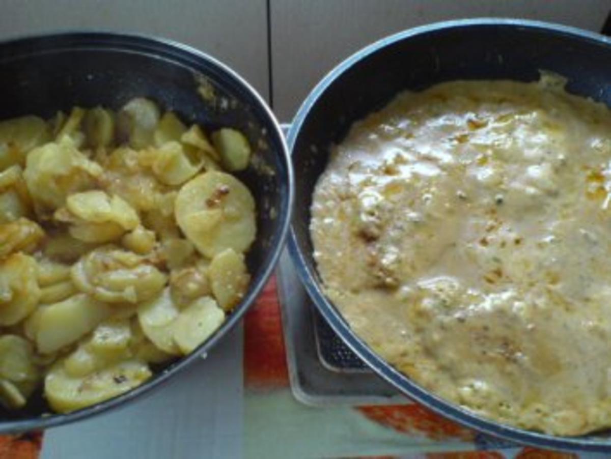 Bratkartoffeln mit Schnitzel in Sahnesoße - Rezept