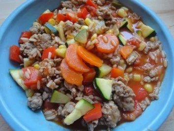 Putenhackpfanne mit Gemüse und Reis - Rezept