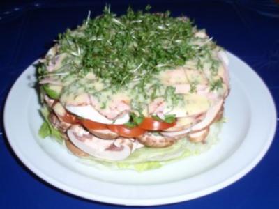 Feine Salat-Torte mit einem Joghurt-Senf-Kräuter-Dressing - Rezept