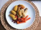 Poularde in feiner Orangen-Kräuter Marinade mit Gemüse und Granatapfelkernen - Rezept