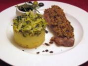 Lamm mit Oliven-Senf-Kruste an Rotweinsoße und getrüffeltem Kartoffelpüree - Rezept