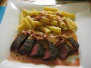 Bisonsteak mit Portweinsauce und getrockneten Tomaten - Rezept