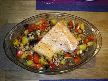 Fisch auf Kartoffel-Tomaten-Pilz-Bett - Rezept