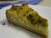 Kuchen: Williams-Christbirnen-Kuchen mit Sahnepudding und Pistazien - Rezept