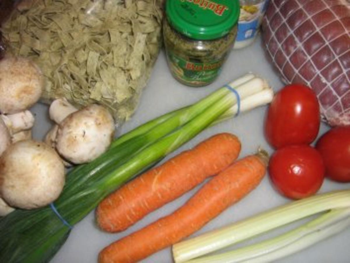 Putenrollbraten mit Gemüse-Pilzragout an Bärlauchnudeln - Rezept - Bild Nr. 2