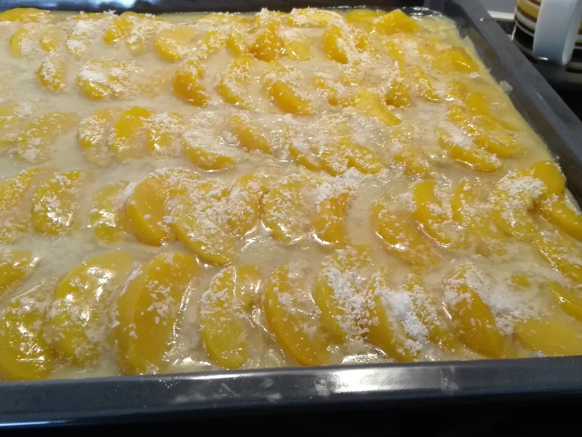 Blechkuchen -- Pfirsichkuchen - Rezept - Bild Nr. 4