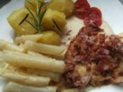 ( Fisch )  Scholle im Speckmantel  Rosmarinkartoffeln Weißweinschaumsößchen - Rezept