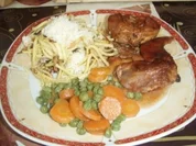 Kaninchen pikant mit Spätzle und Erbsen + Karottengemüse - Rezept