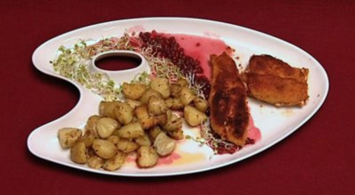 Bilder für Gefüllte Hähnchenbrust mit gebackenen Kartoffeln (Pino Severino) - Rezept