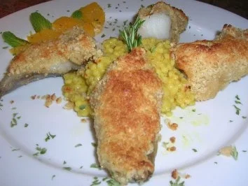 Rezept: Seeteufelfilet unter der Macadamiakruste mit Orangen-Safran-Perlgraupenrisotto Bild Nr. 3 Seeteufelfilet unter der Macadamiakruste mit Orangen-Safran-Perlgraupenrisotto - Rezept - Bild Nr. 3