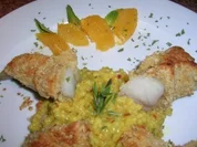 Seeteufelfilet unter der Macadamiakruste mit Orangen-Safran-Perlgraupenrisotto - Rezept