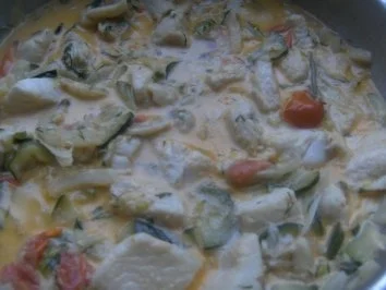 ( Fisch )  Fischpfanne mit einer Gemüse Sahne-Soße - Rezept