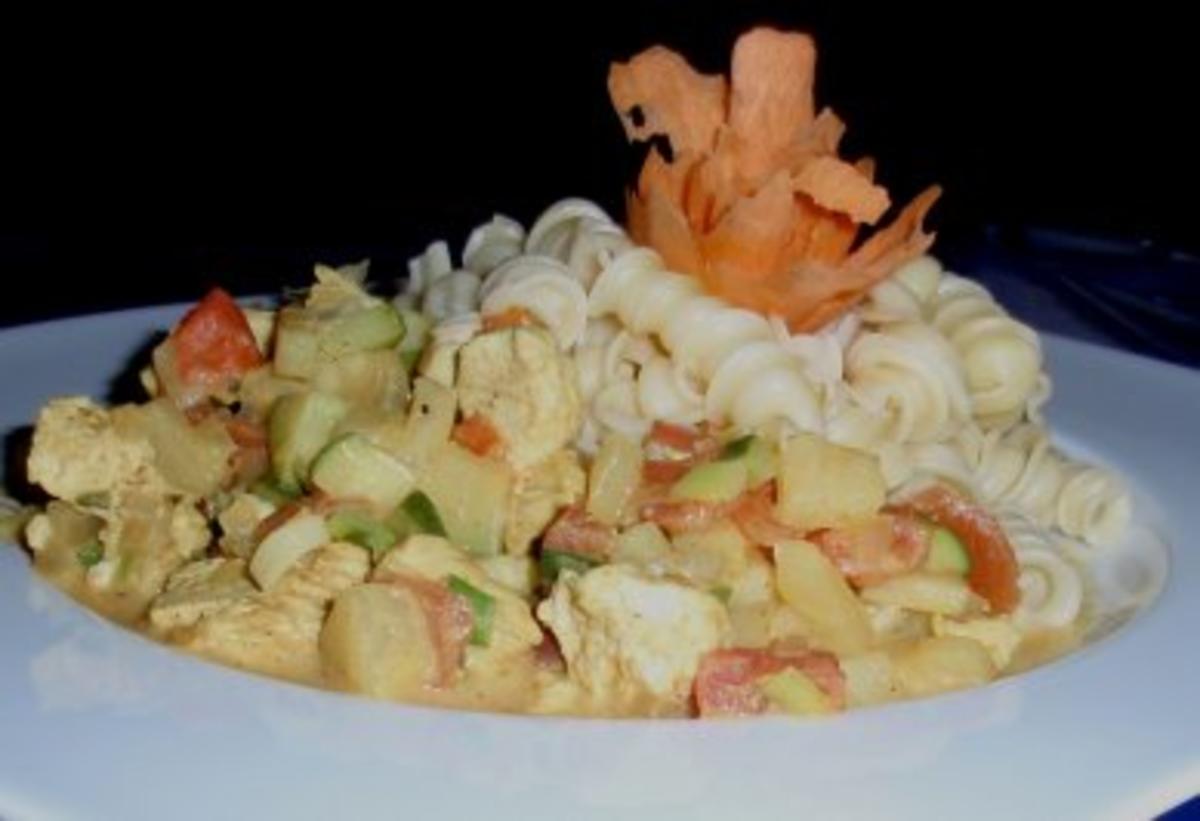 Fruchtige Hähnchen-Pfanne mit Spiralnudeln - Rezept - kochbar.de