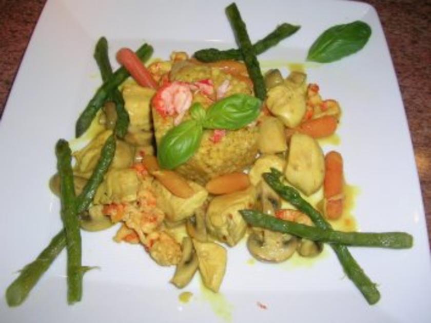 Hühnerragout mit Flusskrebsen in Proseccosauce und viel Gemüse, echt ...