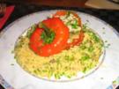 Paprika gefüllt mit Puten -Champignonmischung auf Basmatireis - Rezept