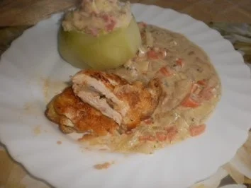 Putenschnitzel mit Reisfüllung ~ Schmor-Kohlrabi mit Schinken-Gemüse-Schnee - Rezept