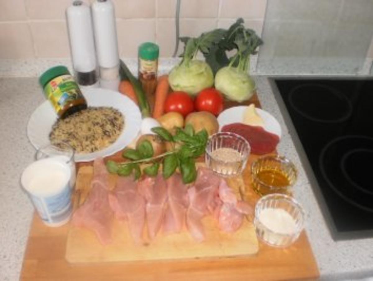Putenschnitzel mit Reisfüllung ~ Schmor-Kohlrabi mit Schinken-Gemüse-Schnee - Rezept - Bild Nr. 2