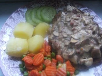 Jägerschnitzel , ( Nackensteak unter einer Pilzhaube  ) - Rezept - Bild Nr. 2