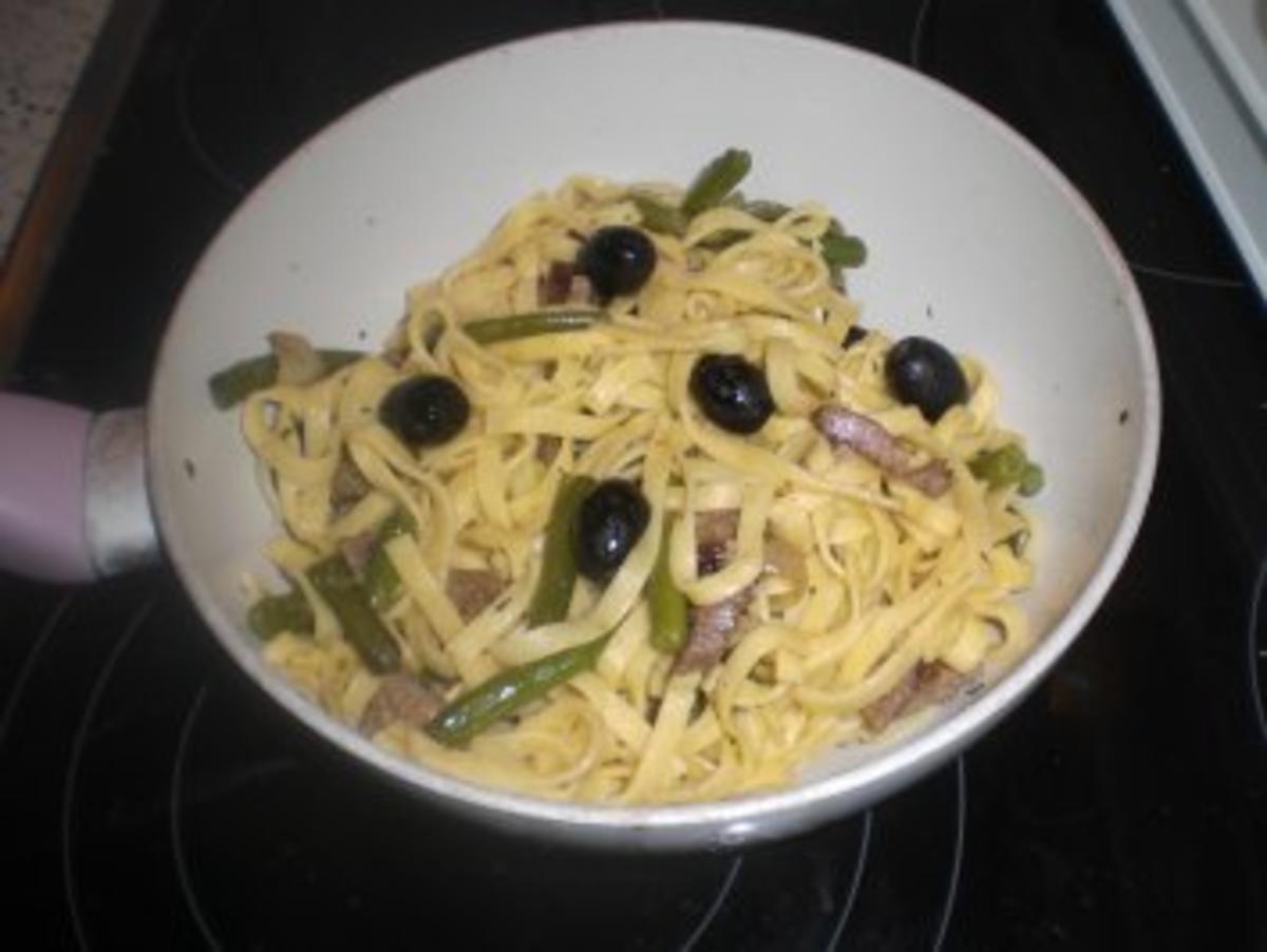 Spaghetti mit Rumpsteak und Bohnen - Rezept