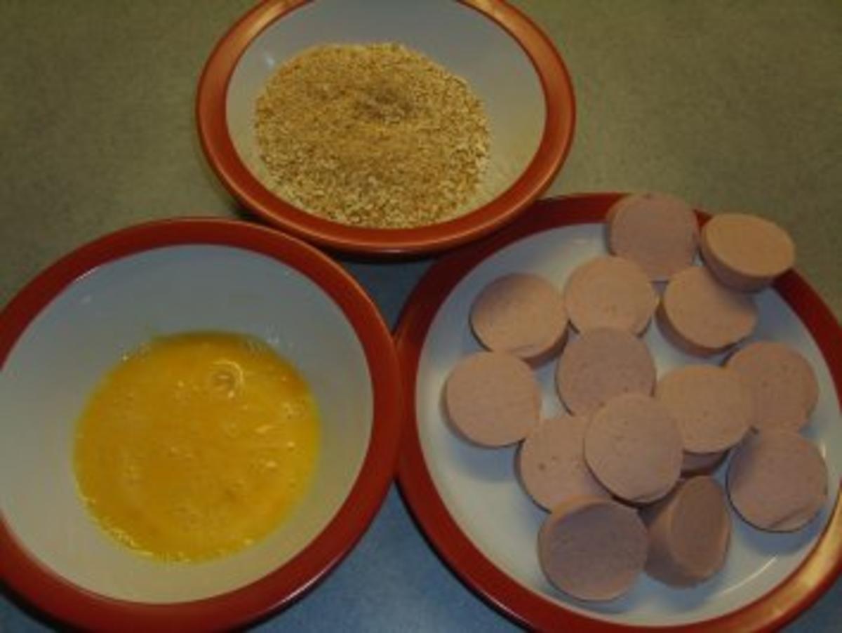 Tellergerichte:Wurstscheiben in Salzstangenpanade, Rahmrosenkohl und Kartoffel-Olivenpüree - Rezept - Bild Nr. 5
