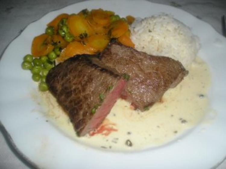 Rinderhüftsteak (Hüferlsteak) mit grüner Pfeffer-Sauce - Rezept ...