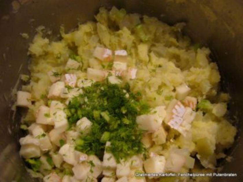 Gratiniertes Kartoffel-Fenchelpüree mit Putenbraten