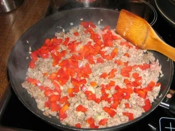 Rezept: Kräuterpfannkucheröllchen gefüllt mit einer pikanten Hack-Paprikafüllung Bild Nr. 4 Kräuterpfannkucheröllchen gefüllt mit einer pikanten Hack-Paprikafüllung - Rezept - Bild Nr. 4